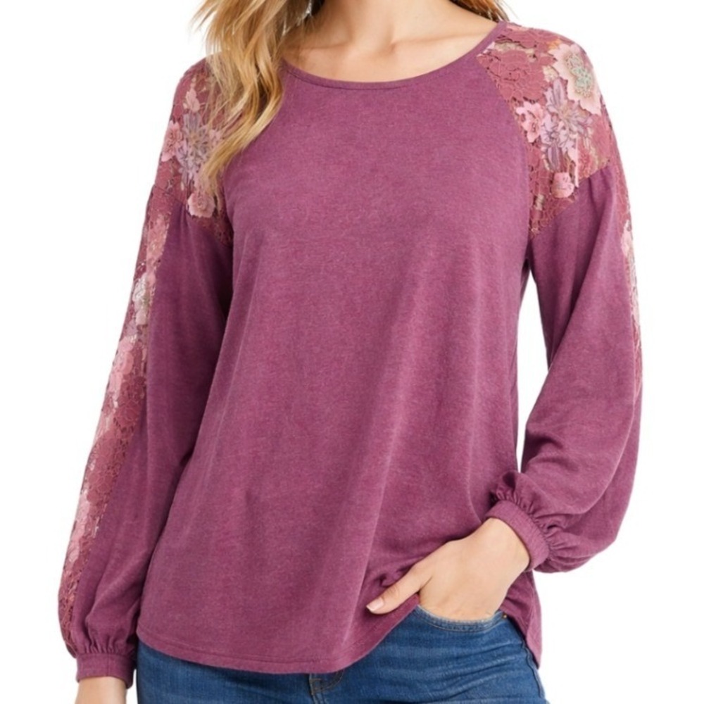 Umgee Womens Plum Purple Floral Lace Long Sleeve Top Size Large A5847 Size Large